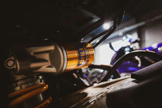 Close-up of a motorcycle's suspension system